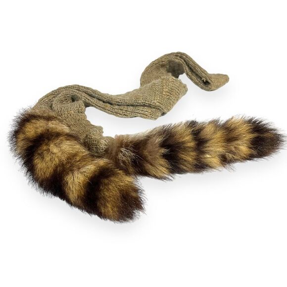 Vintage 80s Winter Knit Scarf w/‎ Fur Tails Raccoon Tails Wear Repurpose Cosplay - Picture 3 of 10